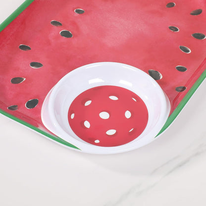 UPware Watermelon Melamine Chip and Dip Snack Tray, Summer Fruit Pickleball Paddle Shape Platter for Chips, Salsa, Fruits, and Appetizers, 15.75 x 8 Inch