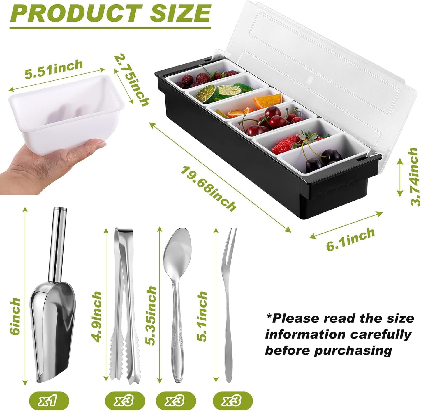 Tessco for you Garnish Tray with Lid Bar Caddy Ice Cooled Condiment Serving Container with Ice Scoop Metal Mini Serving Tongs Fruit Fork Spoons for Food Home Party Kitchen(Plastic,6 Grids)