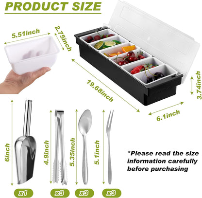 Tessco for you Garnish Tray with Lid Bar Caddy Ice Cooled Condiment Serving Container with Ice Scoop Metal Mini Serving Tongs Fruit Fork Spoons for Food Home Party Kitchen(Plastic,6 Grids)