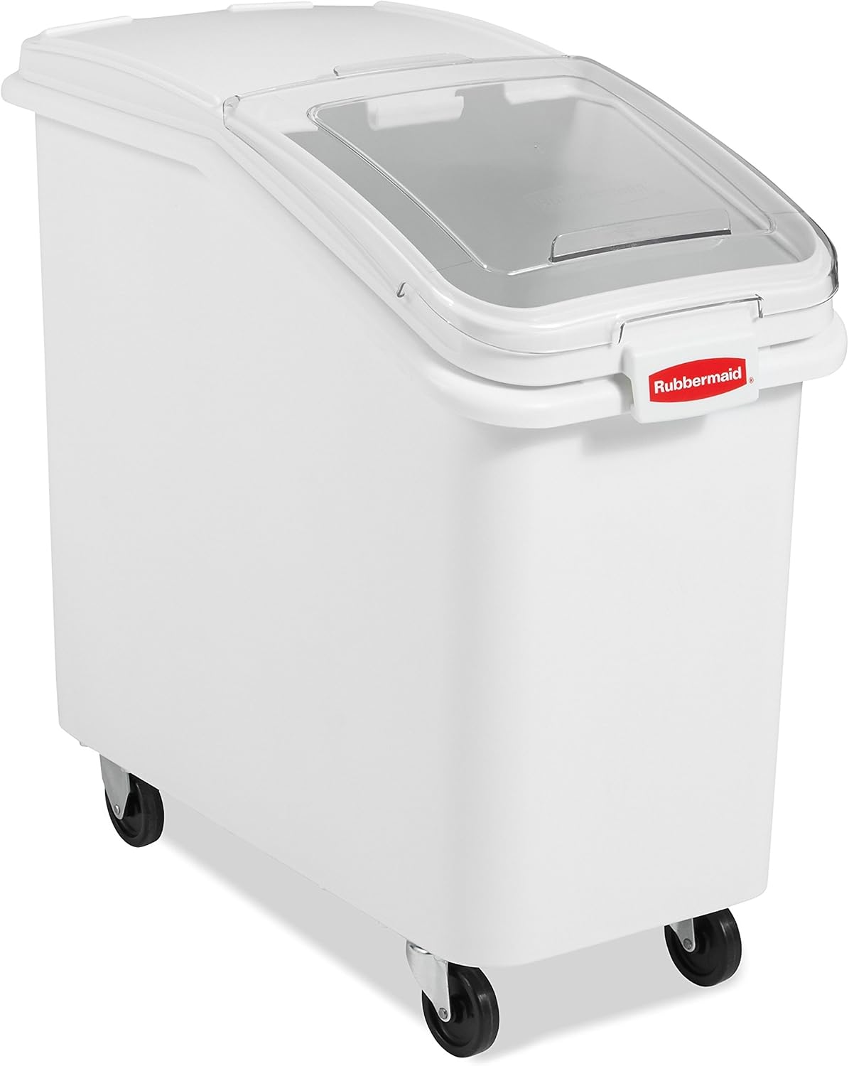 Rubbermaid Commercial Products ProSave Shelf-Storage Ingredient Bin With Scoop, 600-Cup capacity, Plastic, White, Sliding Lid, Container with Wheels for Kitchen/Restaurant Food Organization