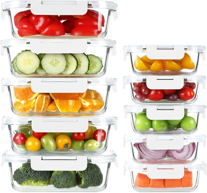 BAYZZ 10 Pack Glass Meal Prep Containers, Glass Food Storage Containers with Lids, Airtight Lunch Box, Freezer,Oven,Microwave and Dishwasher Safe