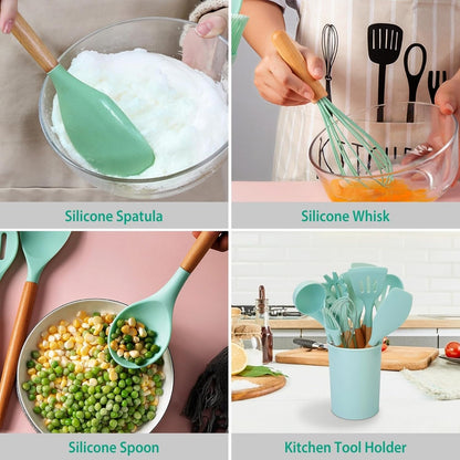 11Pcs Silicone Cooking Utensils Set with Wooden Handle, Heat Resistant Kitchen Utensil Set incl Spatula, Ladle, Tongs & Whisk, Non-Stick & Dishwasher Safe w/Holder