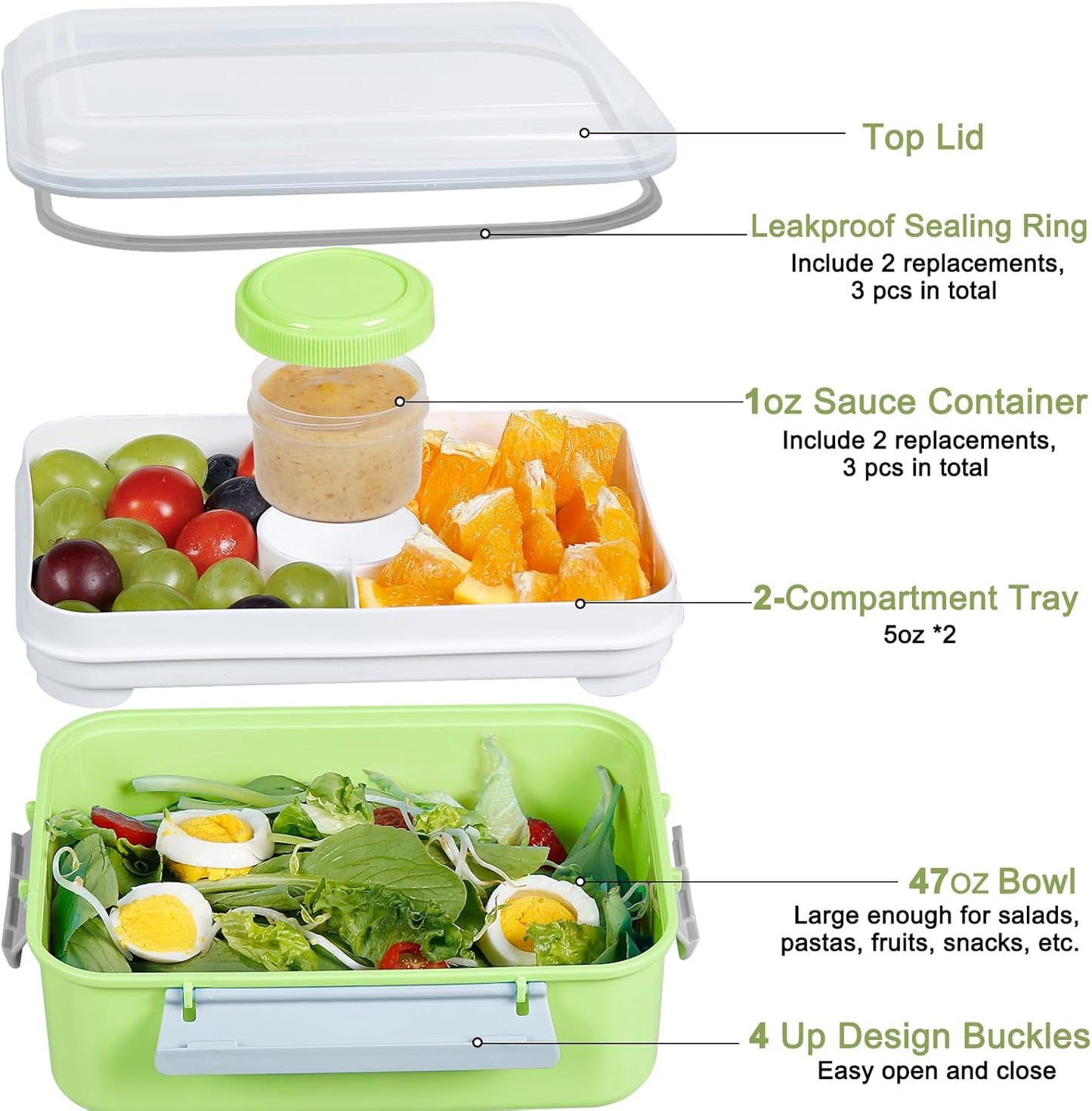 3 Pack Salad Lunch Box Food Storage Containers, 47oz Bento Box To Go Container with Lids, Reusable Meal Prep Containers with Removable Tray & Dressing Pots for Kids and Adults, Microwave Safe