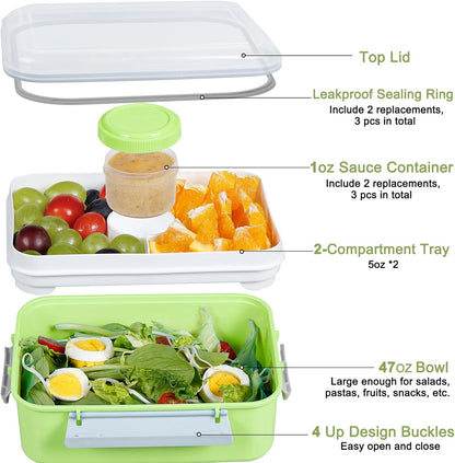 3 Pack Salad Lunch Box Food Storage Containers, 47oz Bento Box To Go Container with Lids, Reusable Meal Prep Containers with Removable Tray & Dressing Pots for Kids and Adults, Microwave Safe