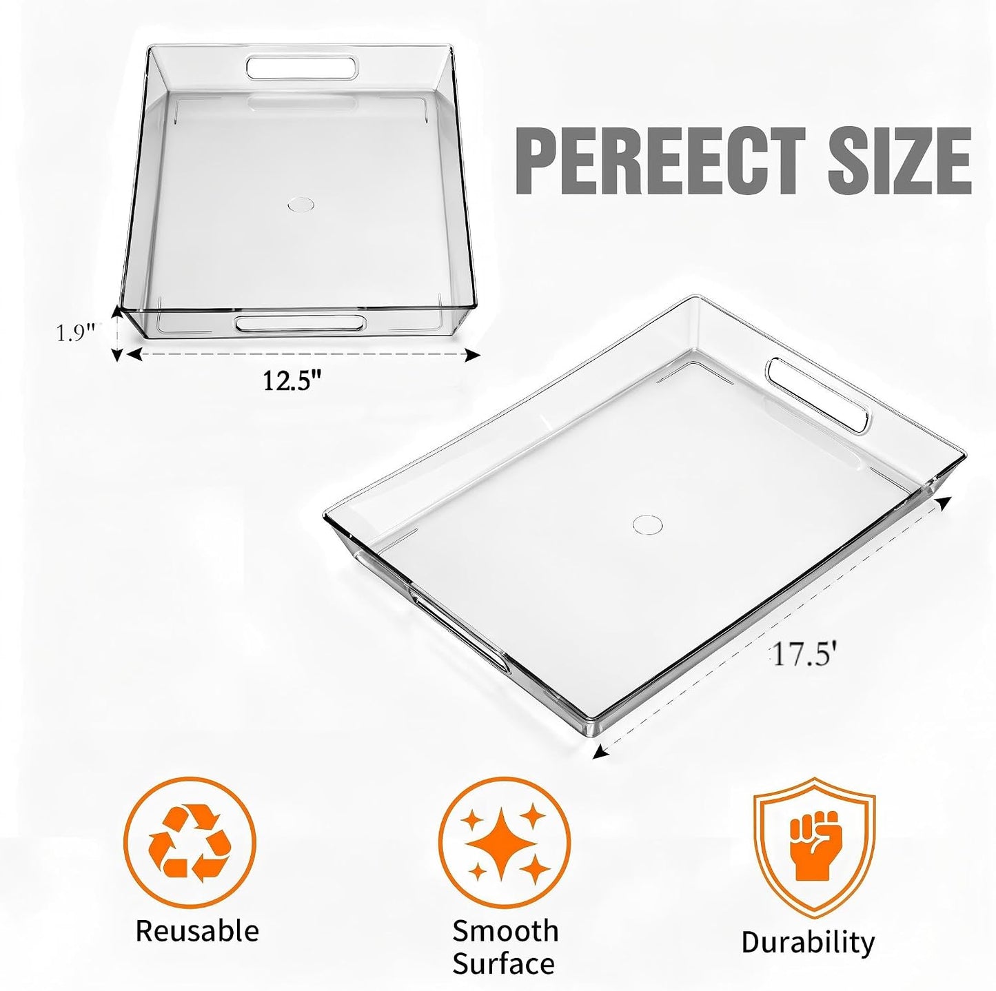 Clear Plastic Serving Tray with Handles, BPA-Free Storage Organizer Tray - Large Serving Trays 16"x11.5" Reusable Serving Platters for Appetizer, Fruit, Kitchen, Desk & Serving Tray for Party Supplies