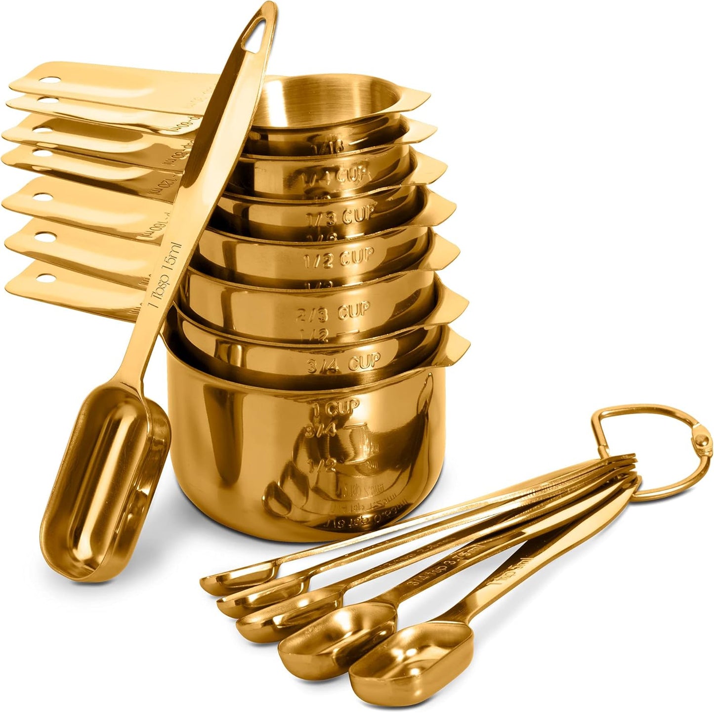 13-piece Measuring Cups and Spoons Set, 18/8 Stainless Steel Heavy Duty Ergonomic Handle with Ring Connector, Silver