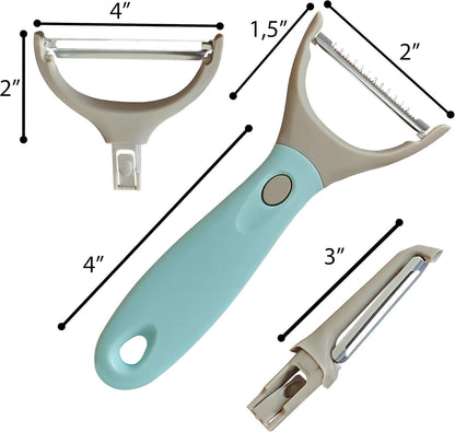 Bahoki Essentials 3 Piece Peeler Set - Stainless Steel Trio Vegetable and Fruit Peeler - Interchangeable Multifunctional Cutter Slicer - Julienne Cut, Shredder, Peelers - Home Kitchen Gadgets