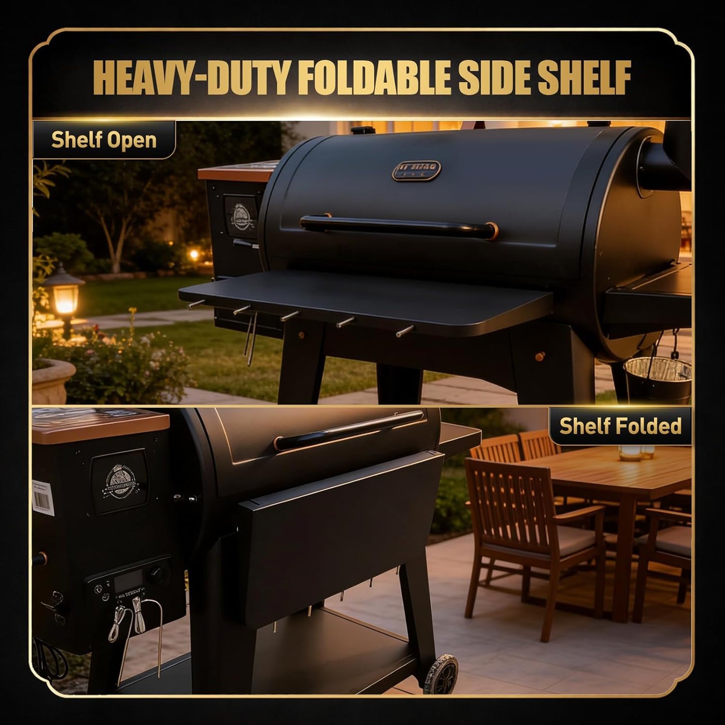 QuliMetal Folding Front Shelf for Traeger Pro 34, Texas Elite 34, Century 885 and Eastwood 34, 37" x 12" Heavy-Duty Grill Prep Table with Cutting Board, Stainless Steel Basin, Lid and 5 Hooks