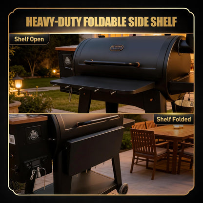 QuliMetal Folding Front Shelf for Traeger Pro 34, Texas Elite 34, Century 885 and Eastwood 34, 37" x 12" Heavy-Duty Grill Prep Table with Cutting Board, Stainless Steel Basin, Lid and 5 Hooks