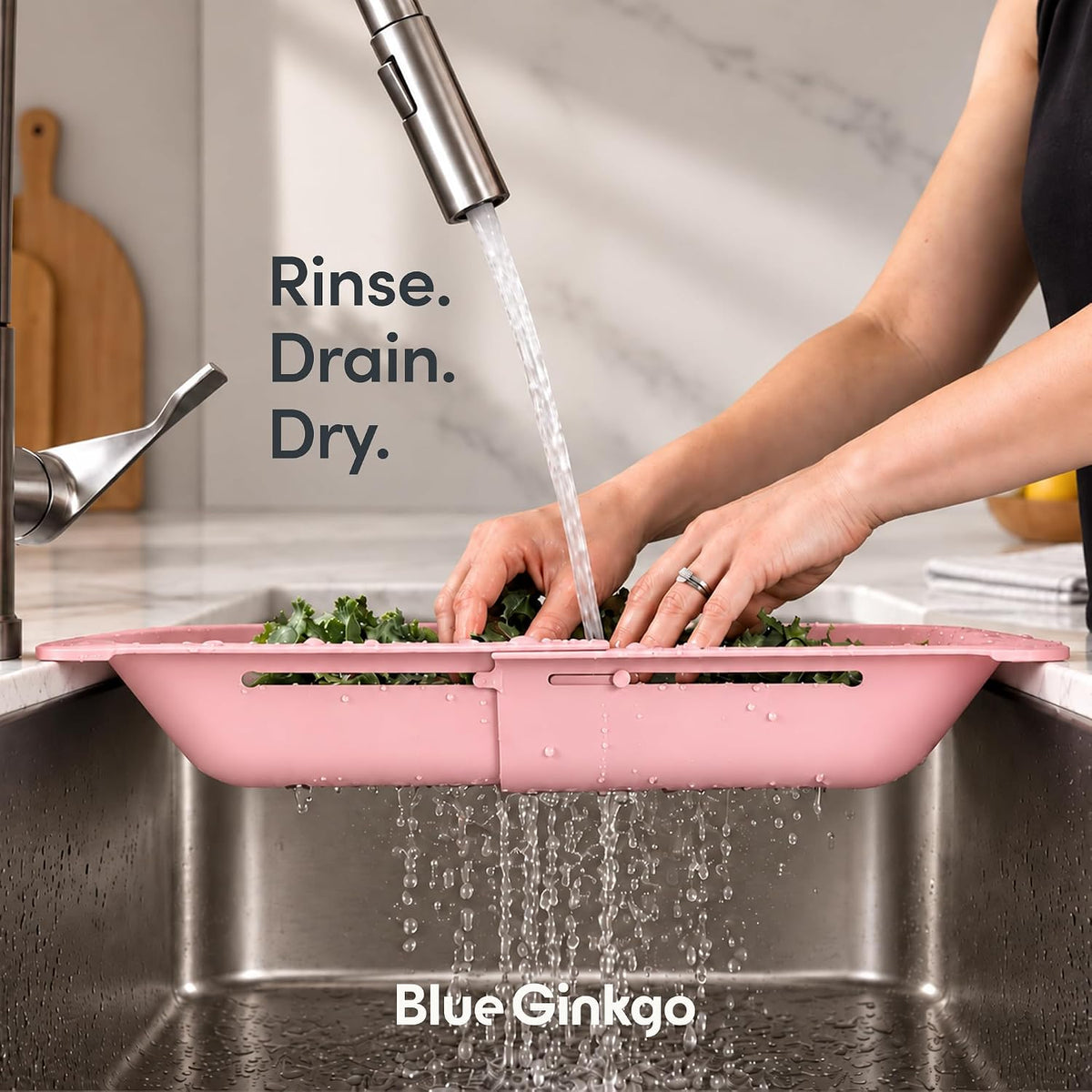 Blue Ginkgo Over Sink Colander, Extendable Kitchen Strainer, Black