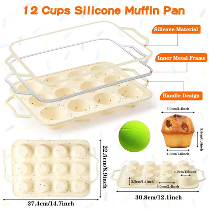 Silicone Muffin Pan for Baking - 2 Pack Cupcake Pan Egg Bite Molds, Nonstick Muffin Tin with Metal Frame, 12 Silicone Cup Cakes Chocolate Candy Bakeware for Baby Shower Birthday (Regular Size)