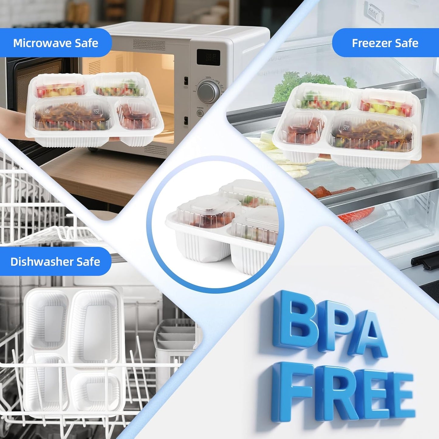 YANGRUI Meal Prep Container with Lid 40 Pack 34 oz - Reusable 4 Compartment Quad Seal Leak Defense Food Containers | BPA Free Flexible PP Plastic | Shrink Wrap Microwave & Dishwasher Safe Takeout Box