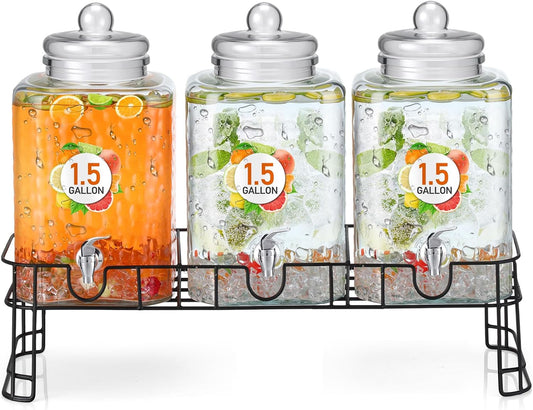 Honeydak 1.5 Gallon Glass Beverage Dispenser with Stand Stainless Steel Spigot Glass Lid Clear Iced Juice Container Leakproof Drink Dispenser Countertop Lemonade Water Jar for Wedding Party (3 Pack)