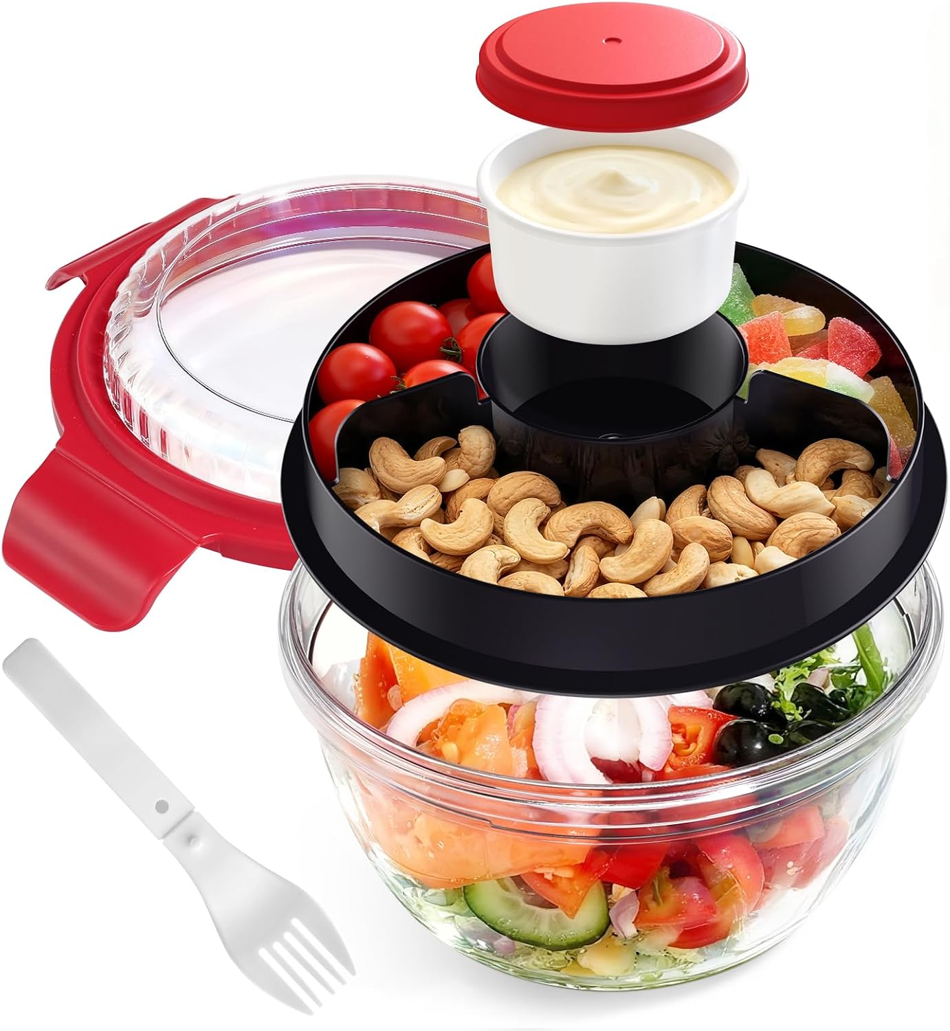 WHALEHOUSE Clear Eco-friendly SK chemicals ECOZEN Salad Container, 33OZ Portable Plastic Salad Bowls with Lid & Snack Tray, Leak-Proof Dressing Container, Reusable Fork, Lunch Box for Meal Prep (Pink)