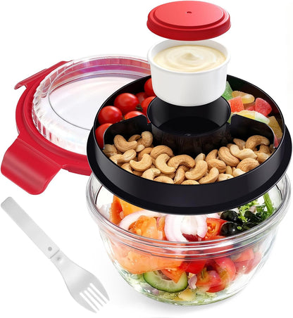 WHALEHOUSE Clear Eco-friendly SK chemicals ECOZEN Salad Container, 33OZ Portable Plastic Salad Bowls with Lid & Snack Tray, Leak-Proof Dressing Container, Reusable Fork, Lunch Box for Meal Prep (Pink)