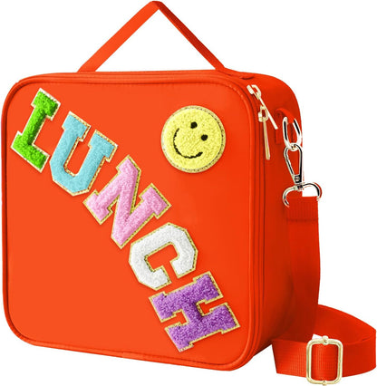 Insulated Lunch Bag With Adjustable Shoulder Strap, Nylon Preppy Lunch Box Large Insulated Lunch Bag Reusable Lunch Tote Bag with Smiley Preppy LunchBag for Girls School Travel Picnic (Green)