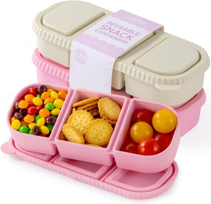 Silicone Reusable Snack Containers with Lids, 4 Pack 3 Compartment Bento Snack Boxes, Leakproof Food Storage Containers for Meal Prep, Lunch, Fruits, Kids & Adults, Dishwasher Safe