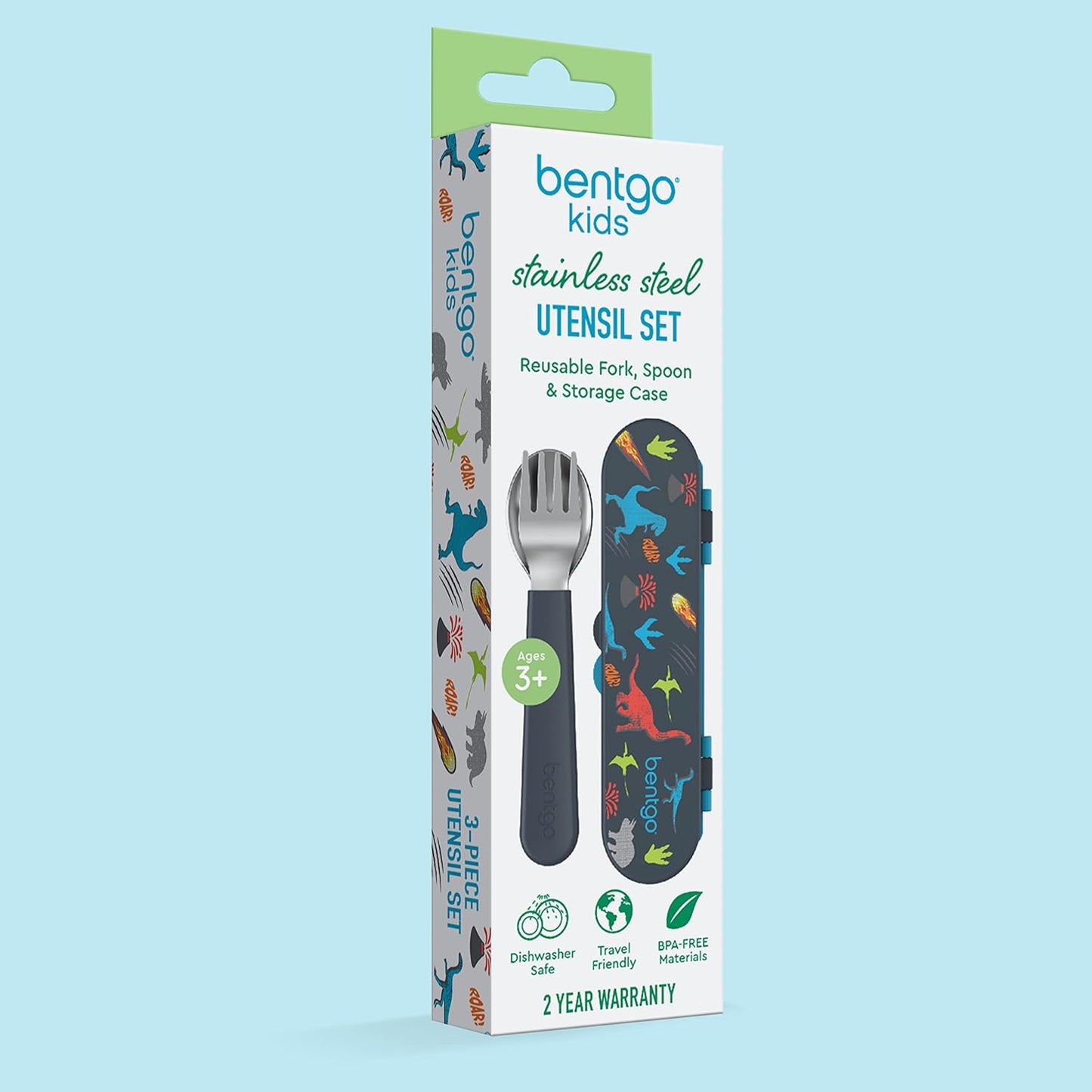 Bentgo Kids Stainless Steel Utensil Set - Reusable Fork, Spoon & Storage Case, PFAS- & BPA-Free, Easy-Grip Handles, Lightweight, Dishwasher Safe, School Lunch, Travel & Outdoors (Dinosaur)
