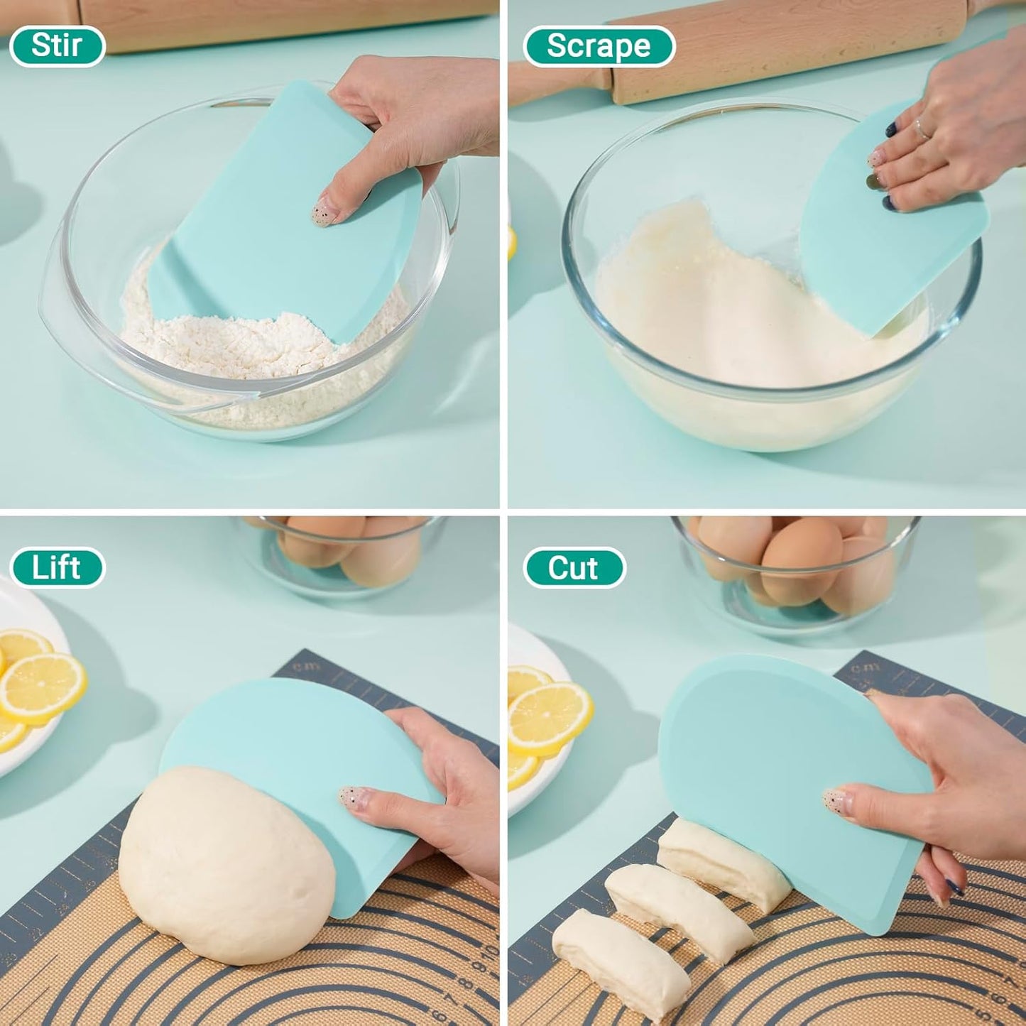Silicone Dough Scraper with Stainless Steel Sheet, Curved Edge Flexible Bowl Scraper for Baking, Food Grade Silicone Bench Scraper for Sourdough Bread Proofing Basket, Set of 2, Gray & Orange,SAPID