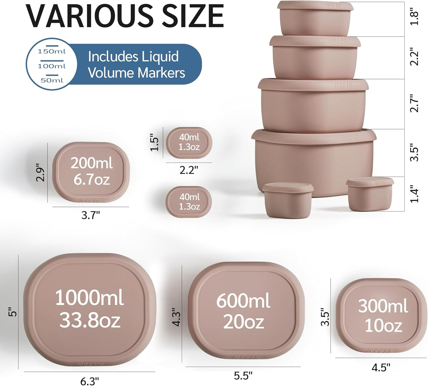ISSEVE 6Pcs/Set Nesting Silicone Food Storage Containers with Lids, BPA Free Reusable Meal Prep Silicone Containers Lunch Box Bento Box Set (33.8oz, 20oz, 10oz, 6.7oz, 1.3oz) (Purple)