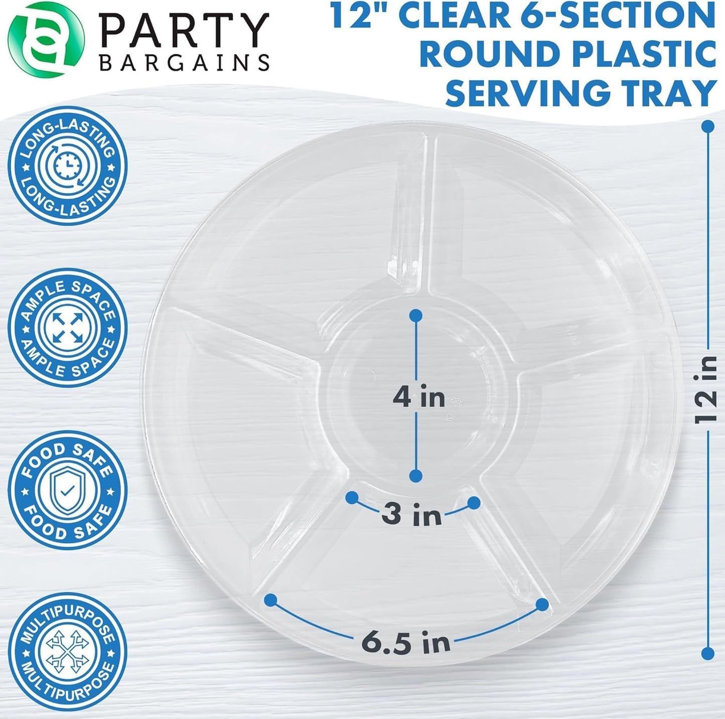 PARTY BARGAINS 12" Round Plastic Serving Tray, 6-Sections, Clear, Pack of 1