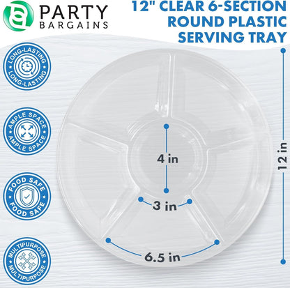 PARTY BARGAINS 12" Round Plastic Serving Tray, 6-Sections, Clear, Pack of 1
