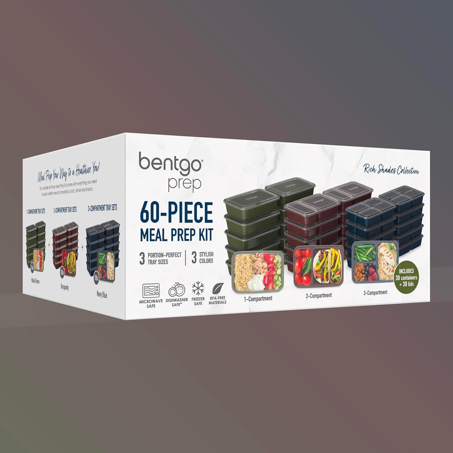 Bentgo Prep 60-Piece Meal Prep Kit - Reusable PFAS & BPA-Free Food Containers, 1-Compartment, 2-Compartment, & 3-Compartments - Microwave, Freezer, & Dishwasher Safe (Gleam Metallics)