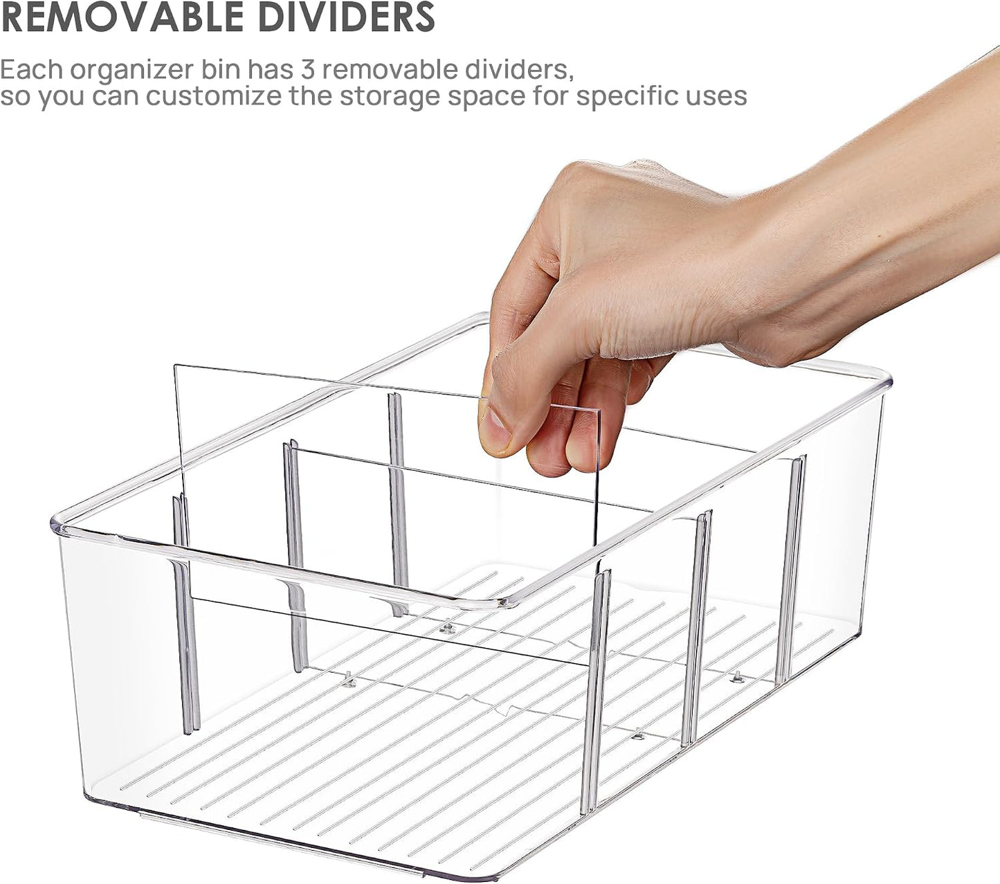 Vtopmart 6 Pack Food Storage Organizer Bins, Clear Plastic Bins for Pantry, Kitchen, Fridge, Cabinet Organization and Storage, 4 Compartment Holder Packets, Snacks, Pouches, Spice Packets