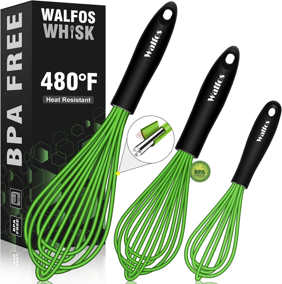 Walfos Silicone Whisk,Stainless Steel Wire Whisk -Heat Resistant 480°F Kitchen Whisks for Non-stick Cookware,Balloon Egg Beater Perfect for Blending,Whisking,Beating,Frothing & Stirring,Black