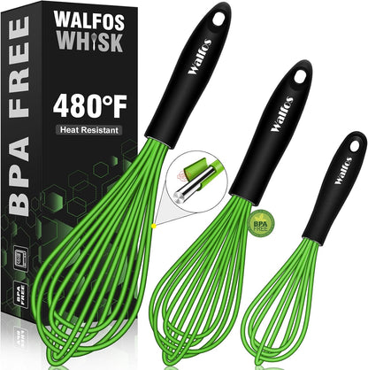 Walfos Silicone Whisk,Stainless Steel Wire Whisk -Heat Resistant 480°F Kitchen Whisks for Non-stick Cookware,Balloon Egg Beater Perfect for Blending,Whisking,Beating,Frothing & Stirring,Black