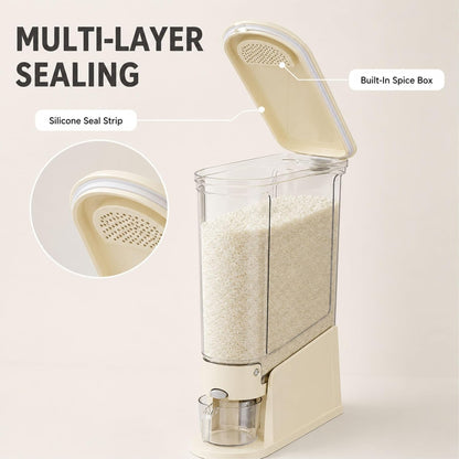 ROOM127 Rice Dispenser 22 Lbs, Large Airtight Grain Container, Cream White | Family Size Storage, BPA-Free, Moisture-Proof Seal, One-Touch Pouring, Clear Window, for Cereal, Beans, Oats & Dry Food