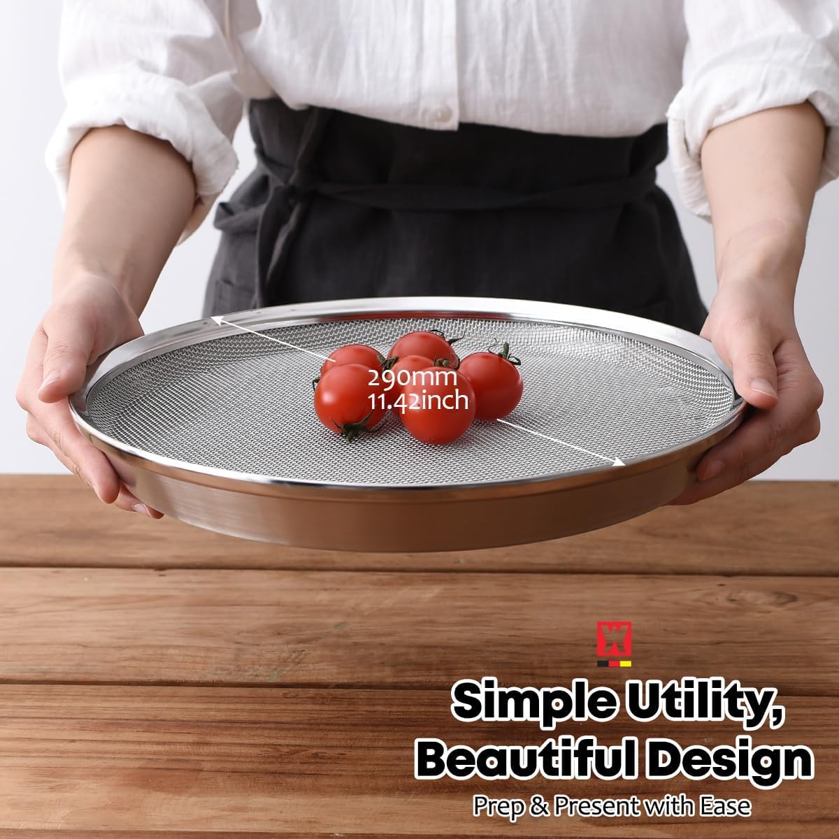 WAGENSTEIGER Stainless Steel Mesh Tray Set with Drip Pan, Air Fryer Basket and Tray, Kitchen Colander, Vegetable and Fruit Strainer, Food Filter, BBQ Prep Tool, Fruit Serving Dishes (9.84 inch)
