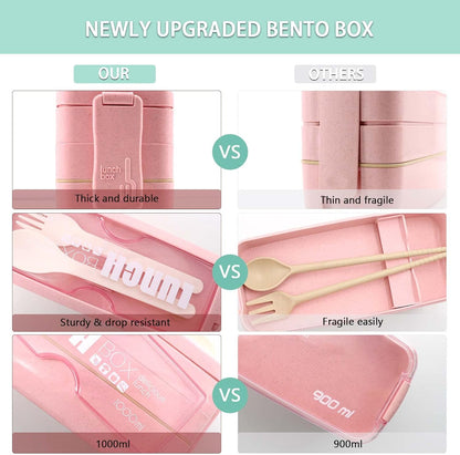 Bento Box Japanese Lunch Box Kit Leakproof Bento Lunch Box for Kids Adults Wheat Straw 3 Layer Stackable Lunch Containers with Compartment Eco-Friendly Meal Prep Containers (Beige)