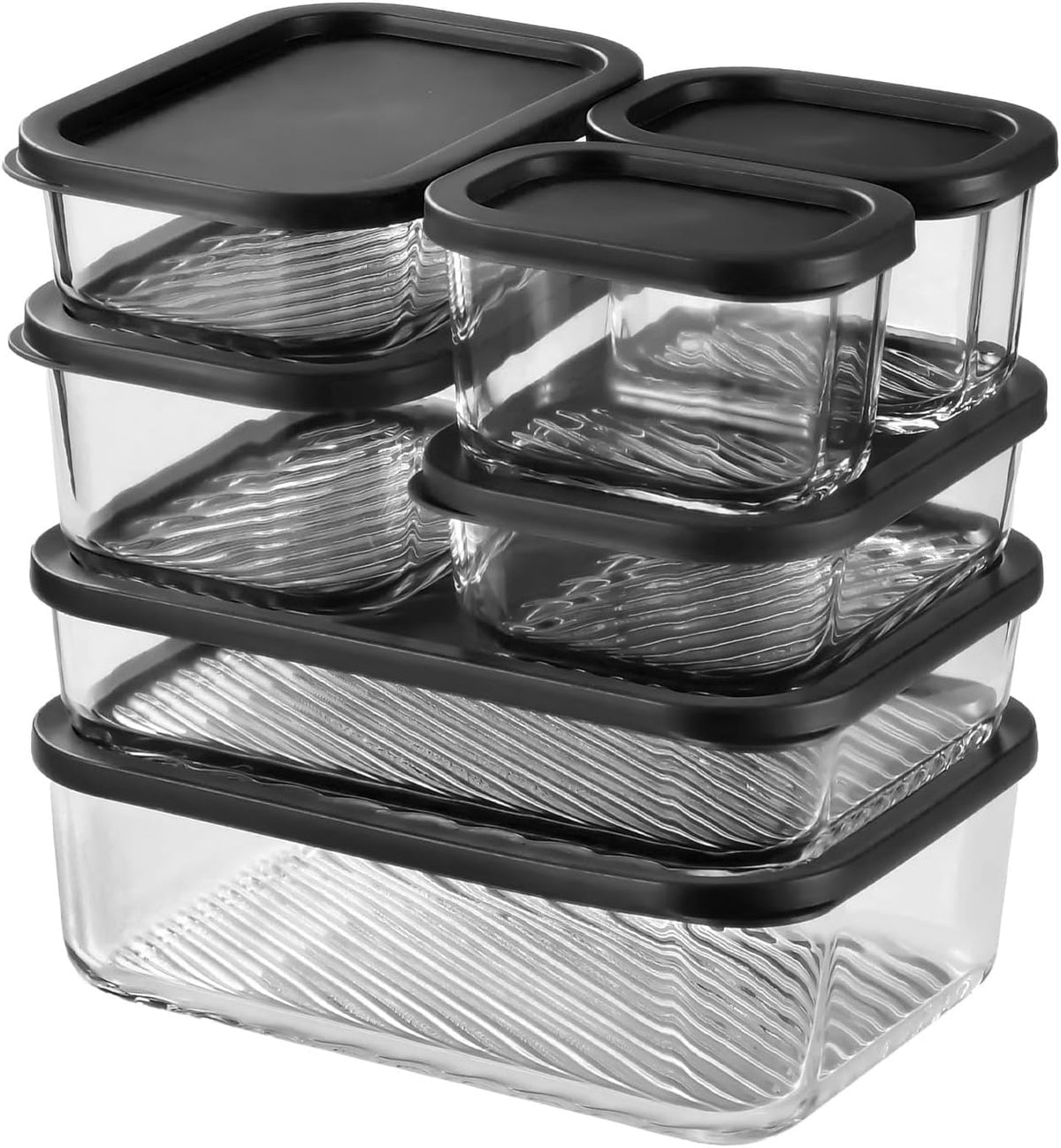 EATEX Grooved Base Glass Meal Prep Containers, 12 Pack Glass Food Storage Containers with Lids for Meal Prep & Lunch, Microwave Oven Freezer Dishwasher Safe, Anti Moisture Non-Stick Design - Black