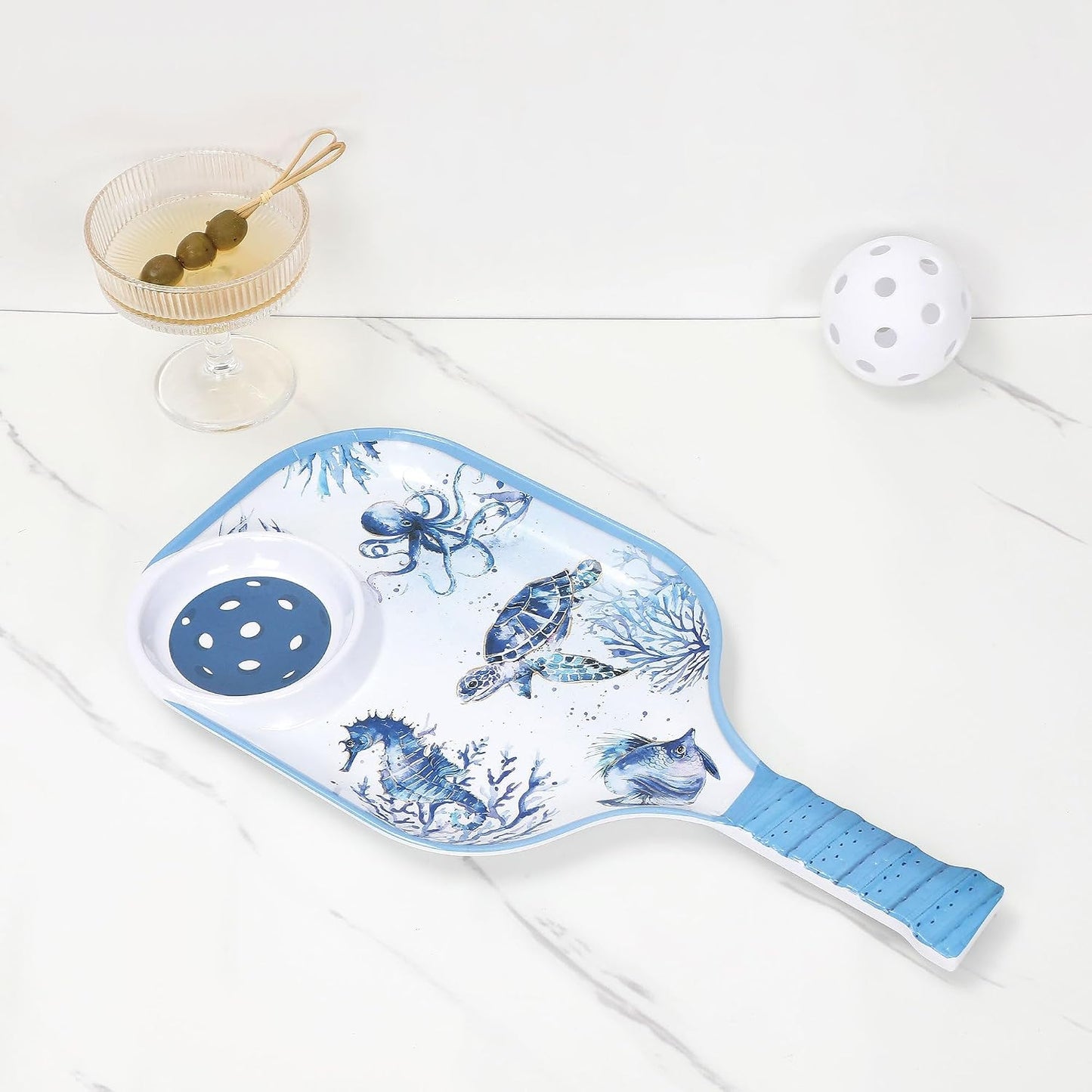 UPware Flamingo Melamine Chip and Dip Snack Tray, Tropical Floral Pickleball Paddle Shape Platter for Chips, Salsa, Fruits, and Appetizers, 15.75 x 8 Inch