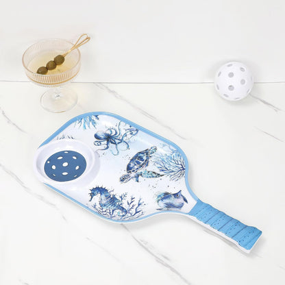 UPware Flamingo Melamine Chip and Dip Snack Tray, Tropical Floral Pickleball Paddle Shape Platter for Chips, Salsa, Fruits, and Appetizers, 15.75 x 8 Inch