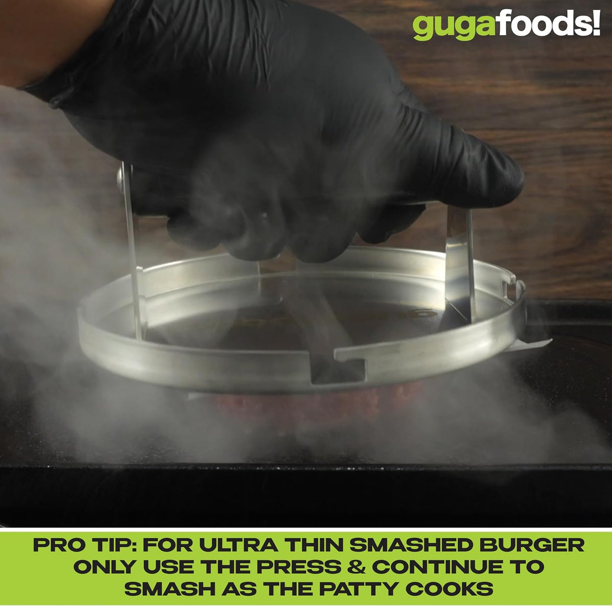 Guga Foods- Adjustable Burger Press, Stainless Steel Hamburger and Smashed Burger Press, Patty Maker for Grilling and Griddle, 3 Size Patties, Wooden Handle