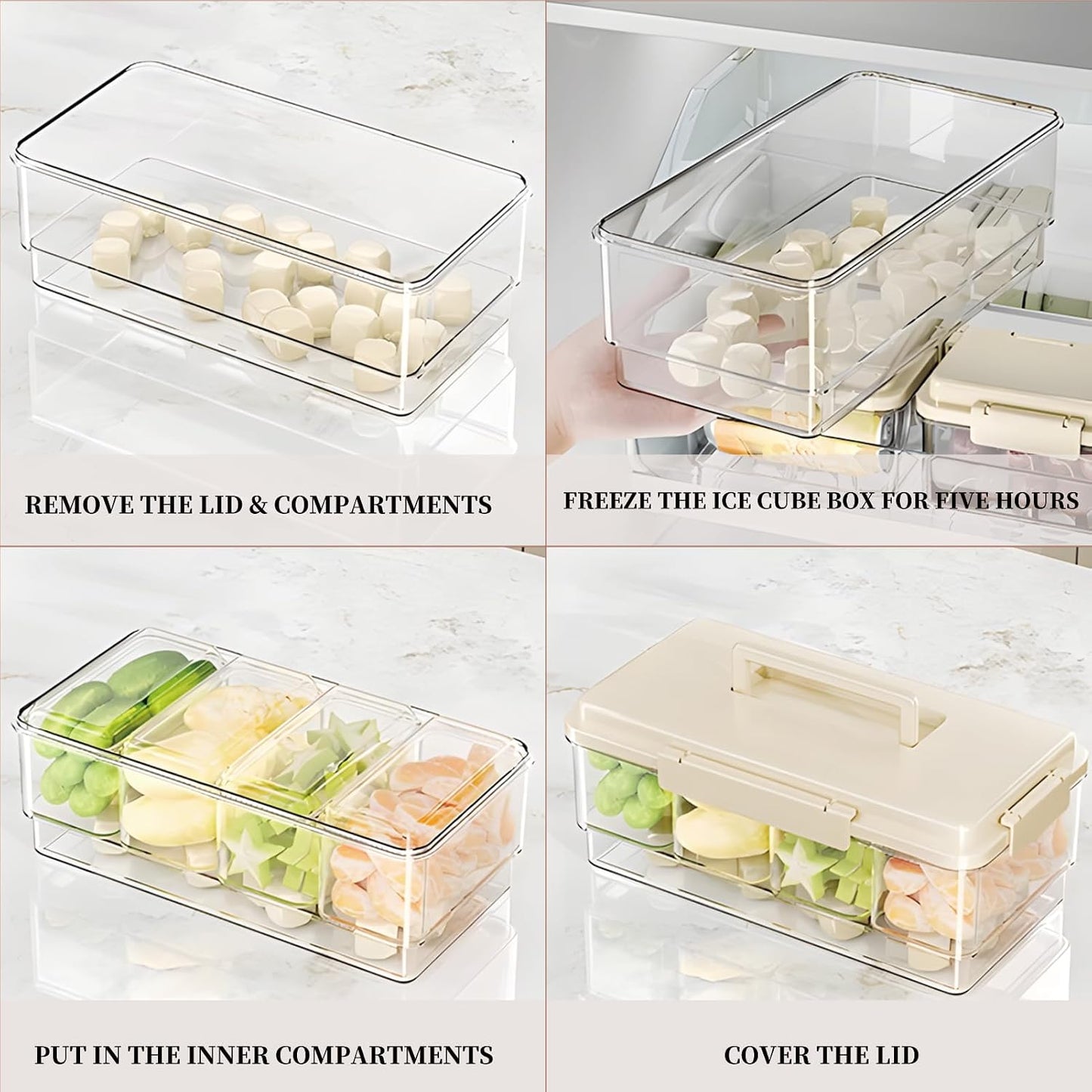 MANO 2pack Chilled Condiment Caddy with Lid Iced Snackle Box Container for Fruit Veggie Serving Tray with Handle Divided Garnish Tray Server Outdoor Camping Picnic Fridge Storage white&beige