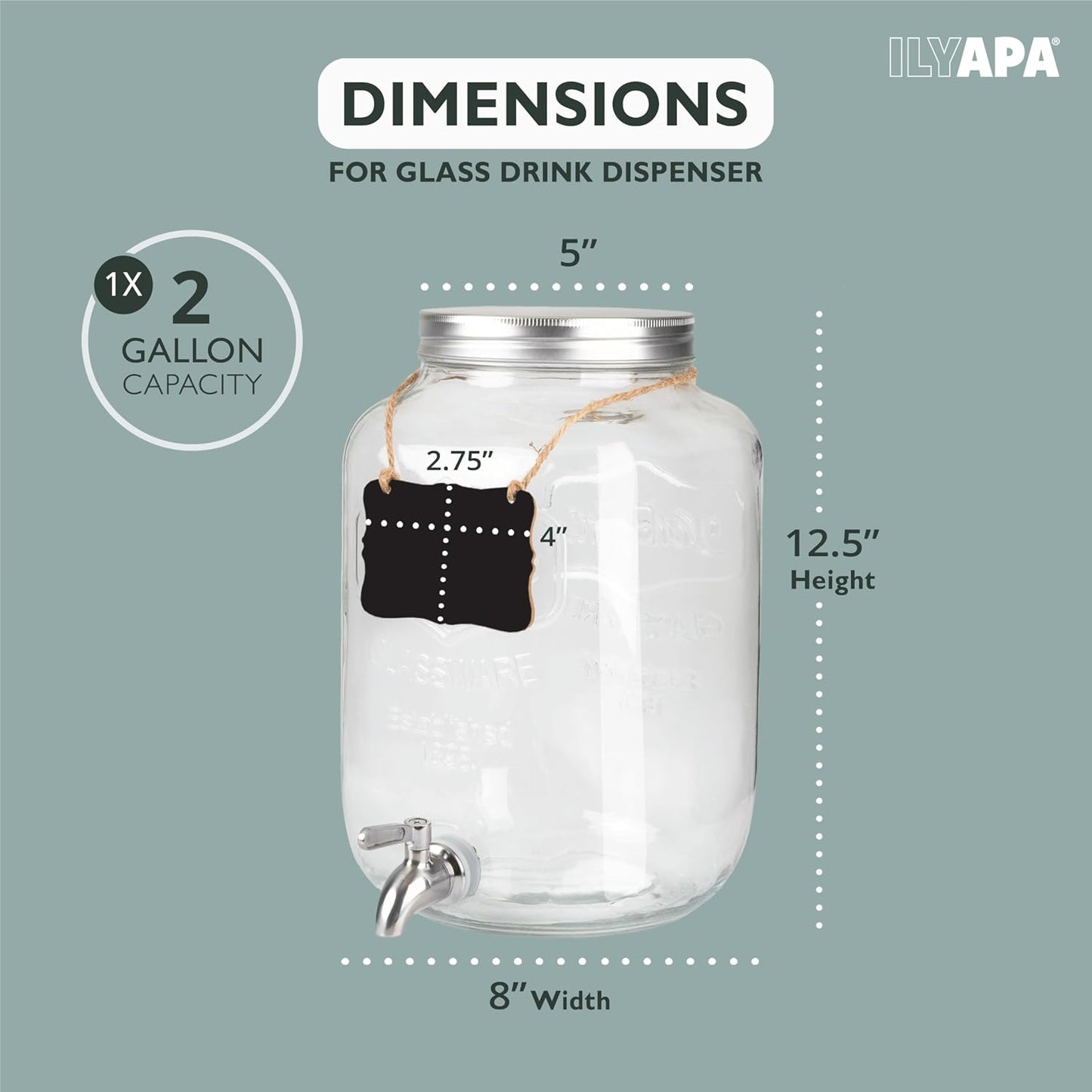 Ilyapa 2 Gallon Glass Beverage Dispenser, Metal Base, Stainless Steel Spigot & Hanging Chalkboard - for Lemonade, Tea, Cold Water & More