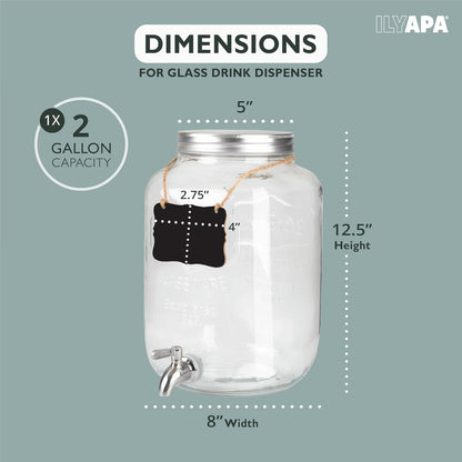 Ilyapa 2 Gallon Glass Beverage Dispenser, Metal Base, Stainless Steel Spigot & Hanging Chalkboard - for Lemonade, Tea, Cold Water & More