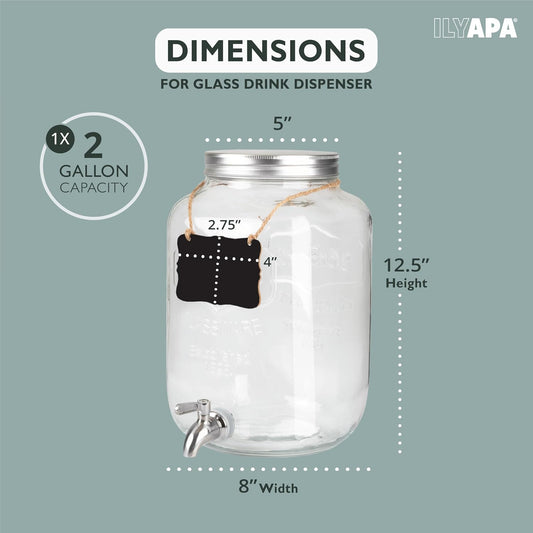 Ilyapa 2 Gallon Glass Beverage Dispenser, Metal Base, Stainless Steel Spigot & Hanging Chalkboard - for Lemonade, Tea, Cold Water & More