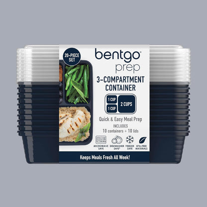 Bentgo Prep - 20-Piece 3-Compartment Reusable Meal Prep Containers with Lids, PFAS & BPA Free Materials, Durable, Microwave, Freezer, & Dishwasher Safe To Go Food Storage (Stone Gray)