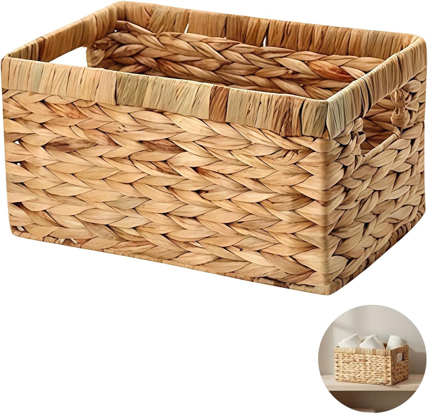 Water Hyacinth Storage Basket, Hand Woven Organizer Bin with Handles for Desktop, Cabinets, Shelves, Snack Organization, Decorative Home Storage, 11 x 7 x 6 in, 28.5 x 18 x 14 cm