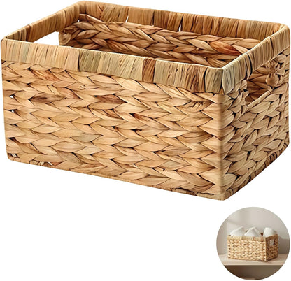 Water Hyacinth Storage Basket, Hand Woven Organizer Bin with Handles for Desktop, Cabinets, Shelves, Snack Organization, Decorative Home Storage, 11 x 7 x 6 in, 28.5 x 18 x 14 cm