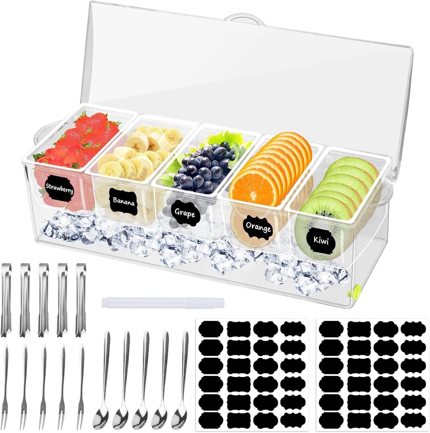5 Compartment Condiment Server, Ice Chilled Condiment Containers with Hinged Lid Chilled Caddy with 5 Removable Dishes and 15 Pieces Stainless Steel Serving Tongs Serving Spoons Fruit Forks
