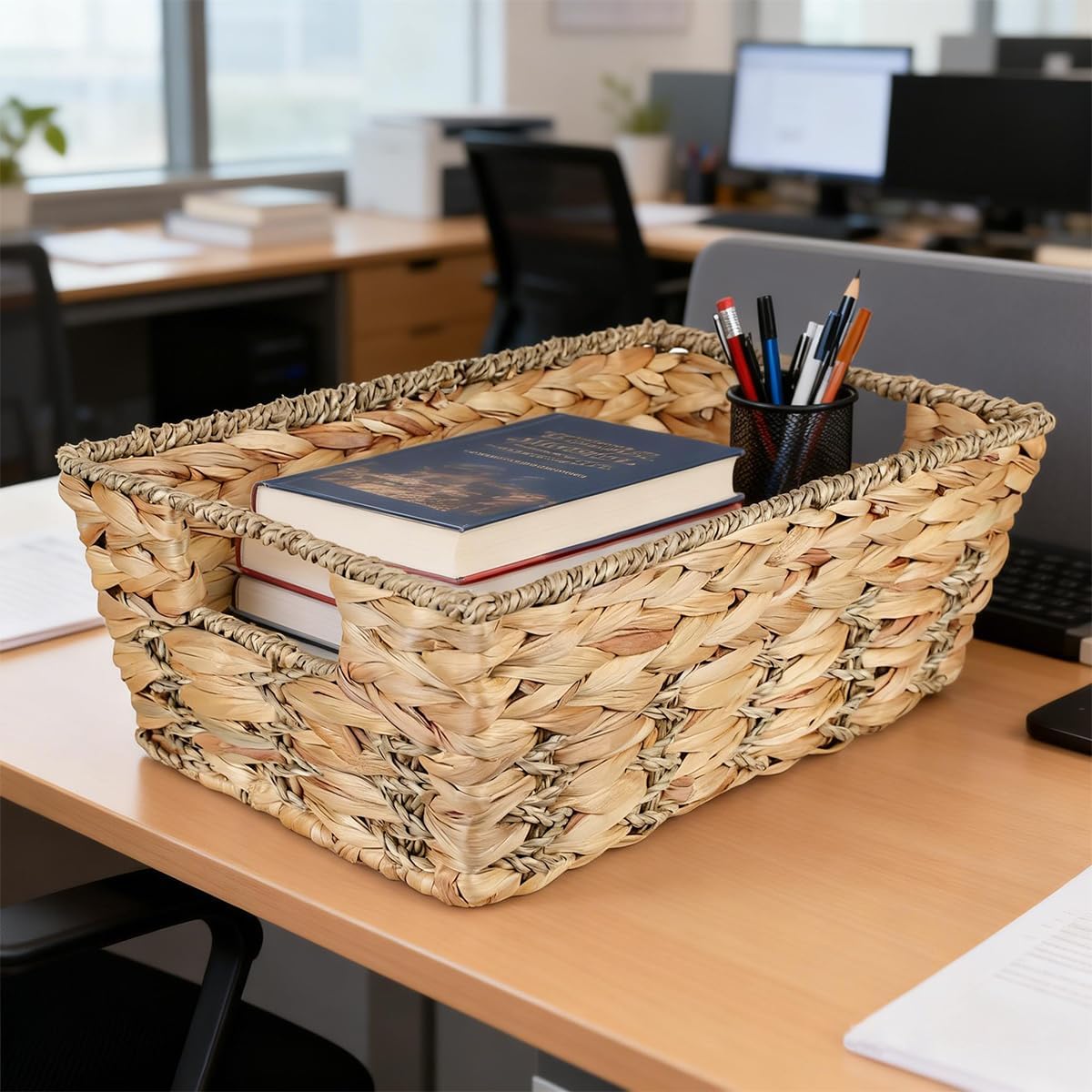 Water Hyacinth storage basket with Handle Shelf Organizing Storage Baskets Hand-woven Rattan Baskets Pantry Bin Organizers for Shelves, Living Room,Decor(Middle)