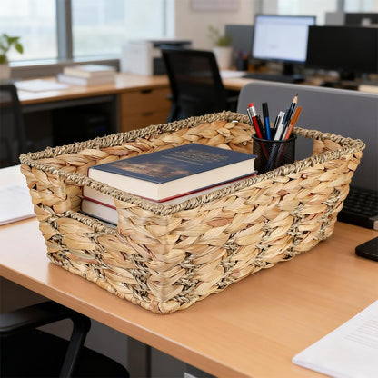 Water Hyacinth storage basket with Handle Shelf Organizing Storage Baskets Hand-woven Rattan Baskets Pantry Bin Organizers for Shelves, Living Room,Decor(Middle)