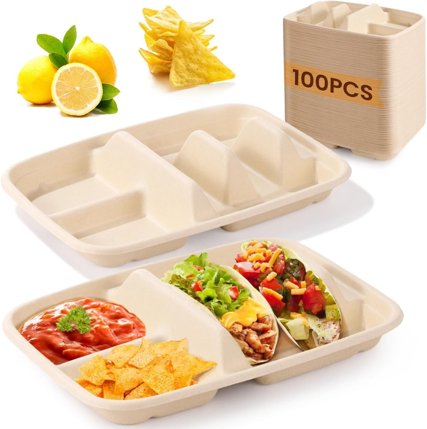 100 PCS Disposable Taco Holders, Bagasse Pulp 2-Slot Taco Plate with Side Compartments, Safe Plant Fiber Tray for Taco Tuesday, Party, Sandwich, Hot Dog, Sauce & Snack Serving, Thick(100)
