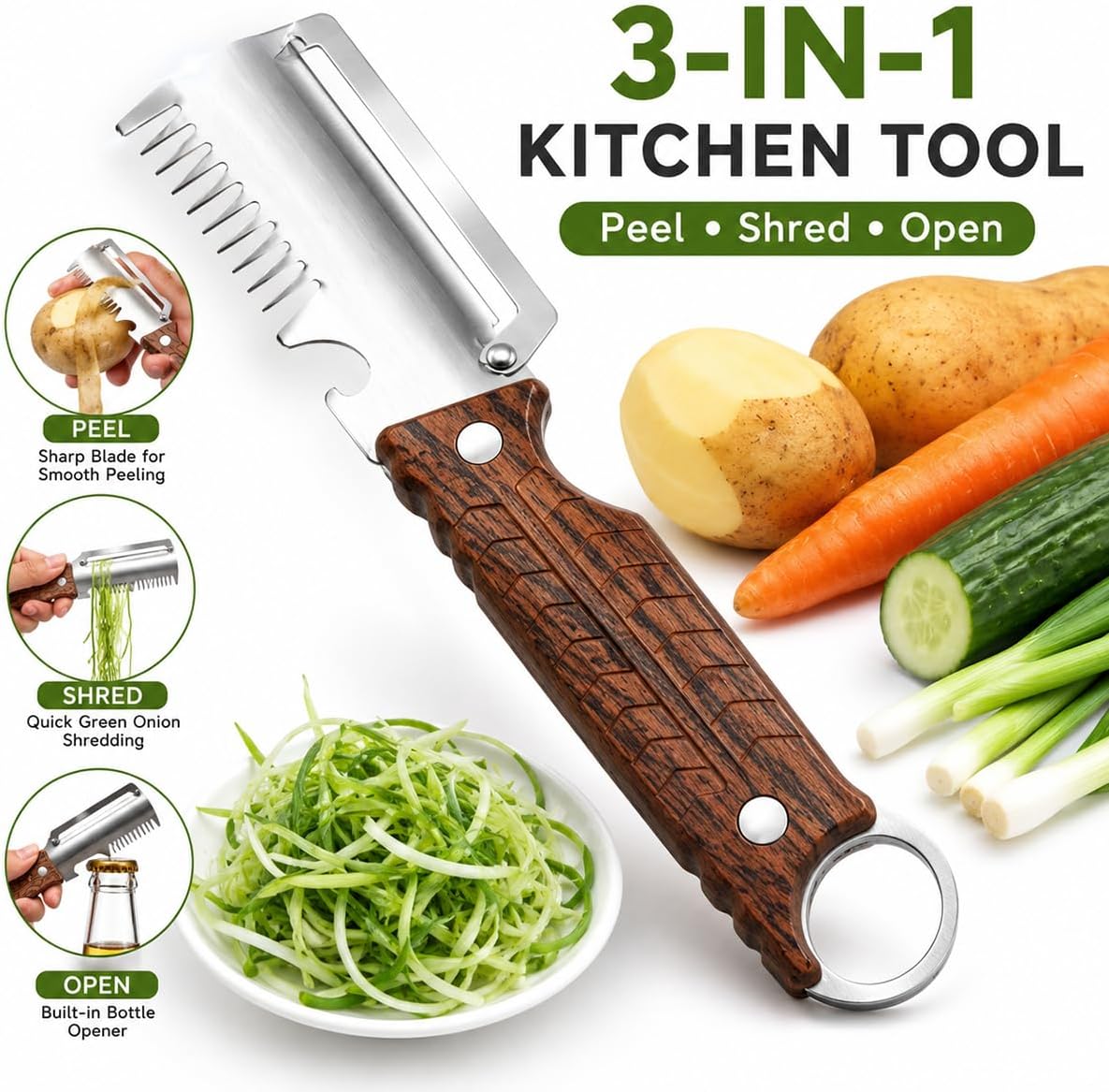 2Pack 3-in-1 Vegetable Peeler with Faux Wood Handle, Stainless Steel Julienne Peeler & Scallion Shredder with Built-In Bottle Opener, Kitchen Peeler for Potato, Carrot, Cucumber, Apple & Fruits