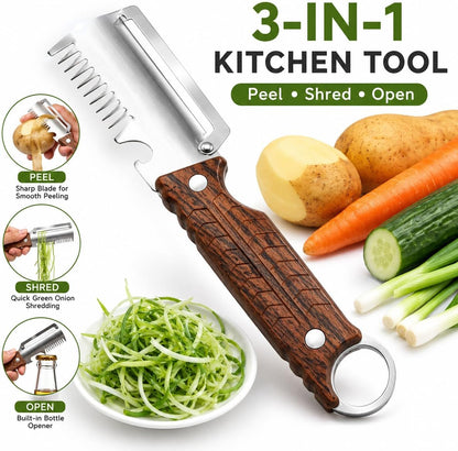 2Pack 3-in-1 Vegetable Peeler with Faux Wood Handle, Stainless Steel Julienne Peeler & Scallion Shredder with Built-In Bottle Opener, Kitchen Peeler for Potato, Carrot, Cucumber, Apple & Fruits
